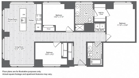 C1 3 Bed 2 Bath Floor Plan at Waterside Place by Windsor, Boston, Massachusetts